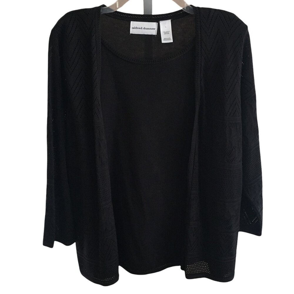 Alfred Dunner Black Sweater Size Large Lace Fall Autumn Layered Look Cardigan